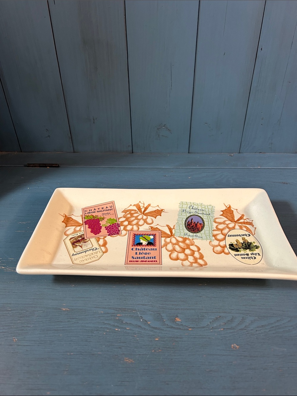 Decorative Vineyard Rectangular Serving Platter - White with Brown Grape Motif